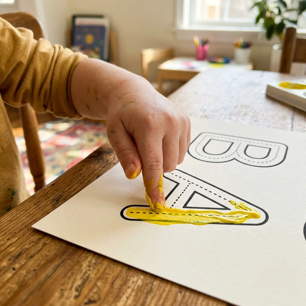 Mano de un niño de preescolar trazando con pintura de dedos amarilla la letra A sobre una ficha de papel limpio
