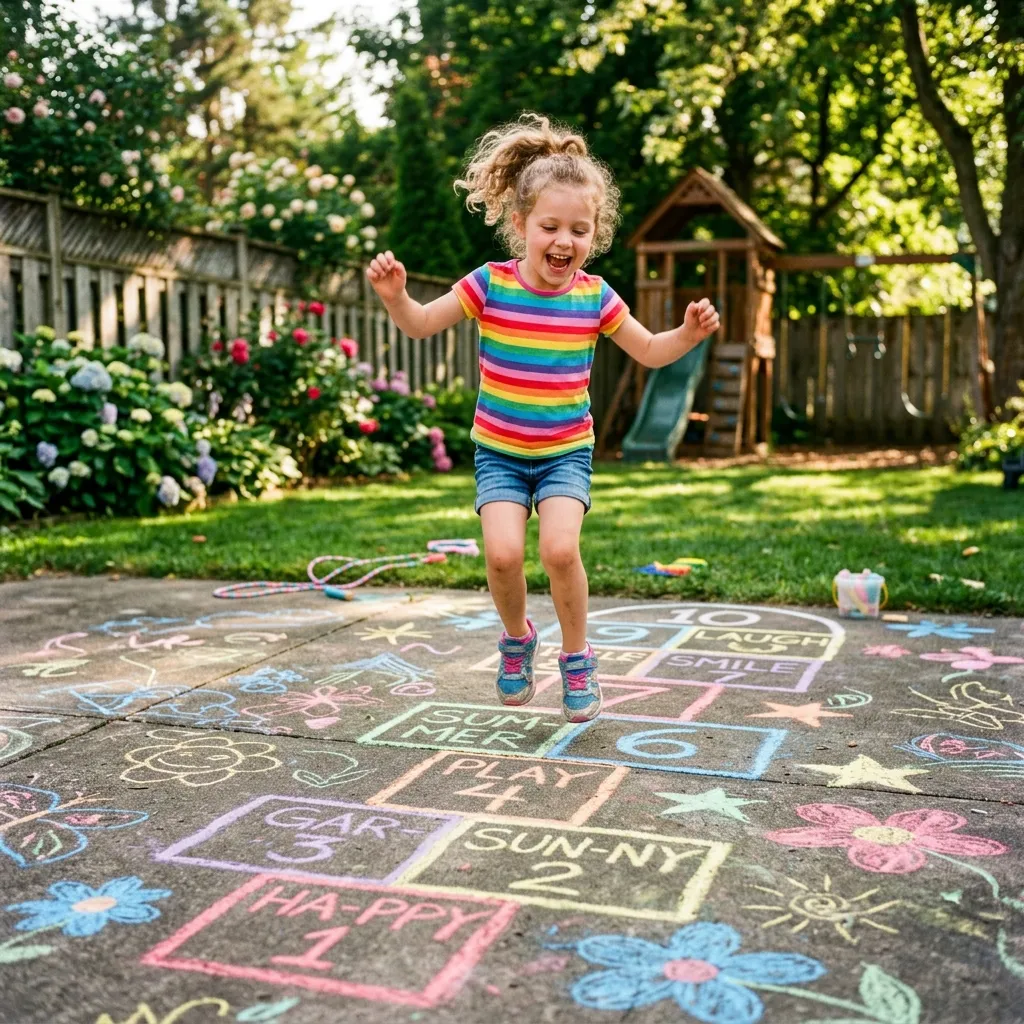 Un niño alegre jugando a la rayuela en un patio soleado, con dibujos de tizas de colores sobre el pavimento mostrando números de sílabas