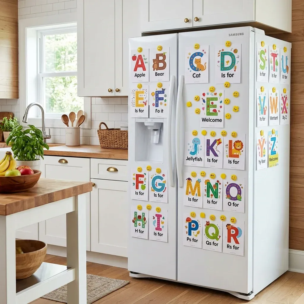 Láminas coloridas del abecedario impresas en tamaño carta adheridas con imanes amarillos a la puerta de un refrigerador blanco