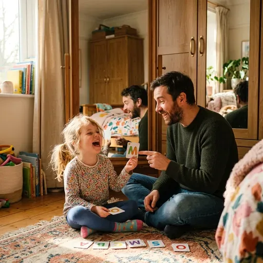 Una niña pequeña y su padre sentados en el suelo frente al espejo del armario, riendo y practicando la pronunciación de las letras en inglés