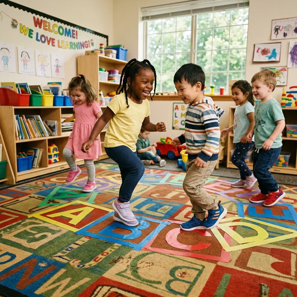 Niños de preescolar jugando alegres sobre un suelo colorido con formas de letras pegadas en cinta