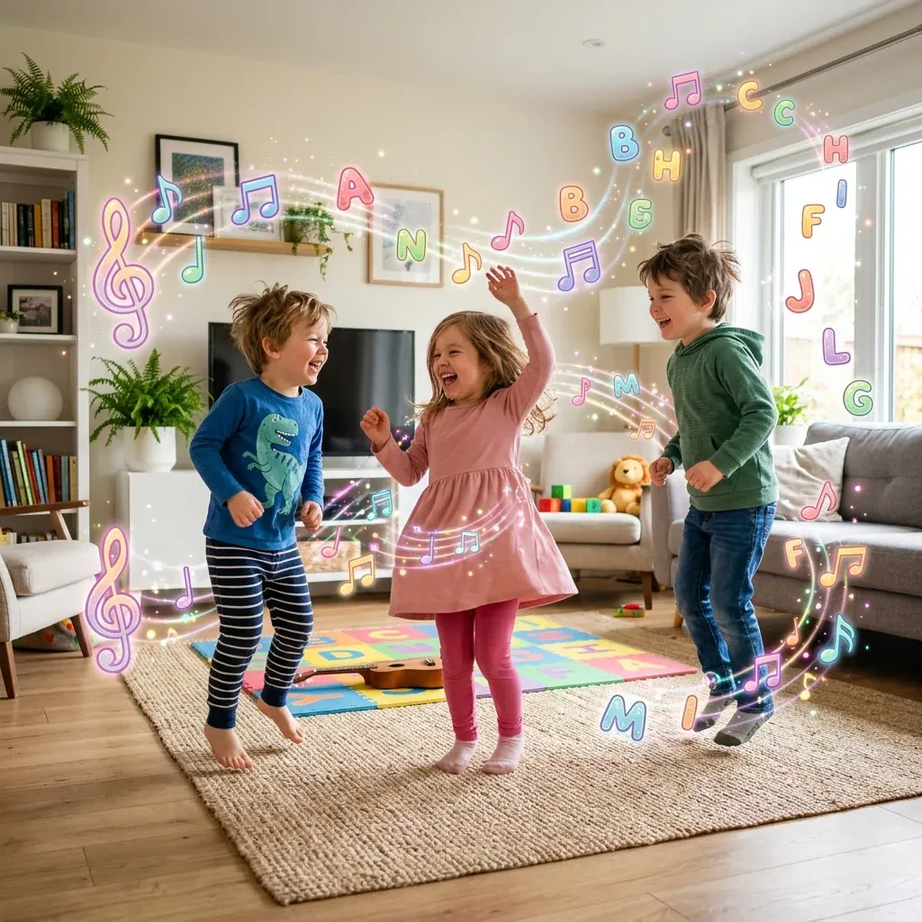 Tres niños pequeños riendo y bailando en una sala de estar moderna, rodeados de notas musicales e íconos flotantes del abecedario en un ambiente mágico