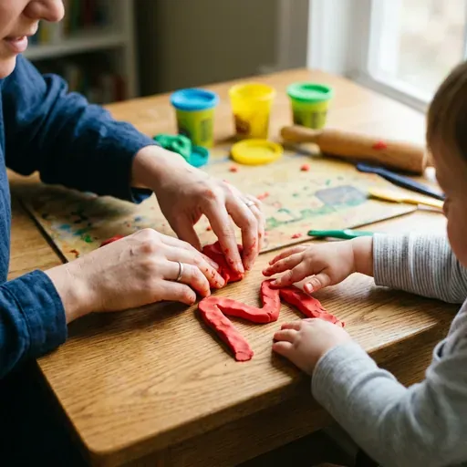 Manos de un niño y una madre moldeando juntos una letra M con plastilina roja sobre una mesa de madera iluminada