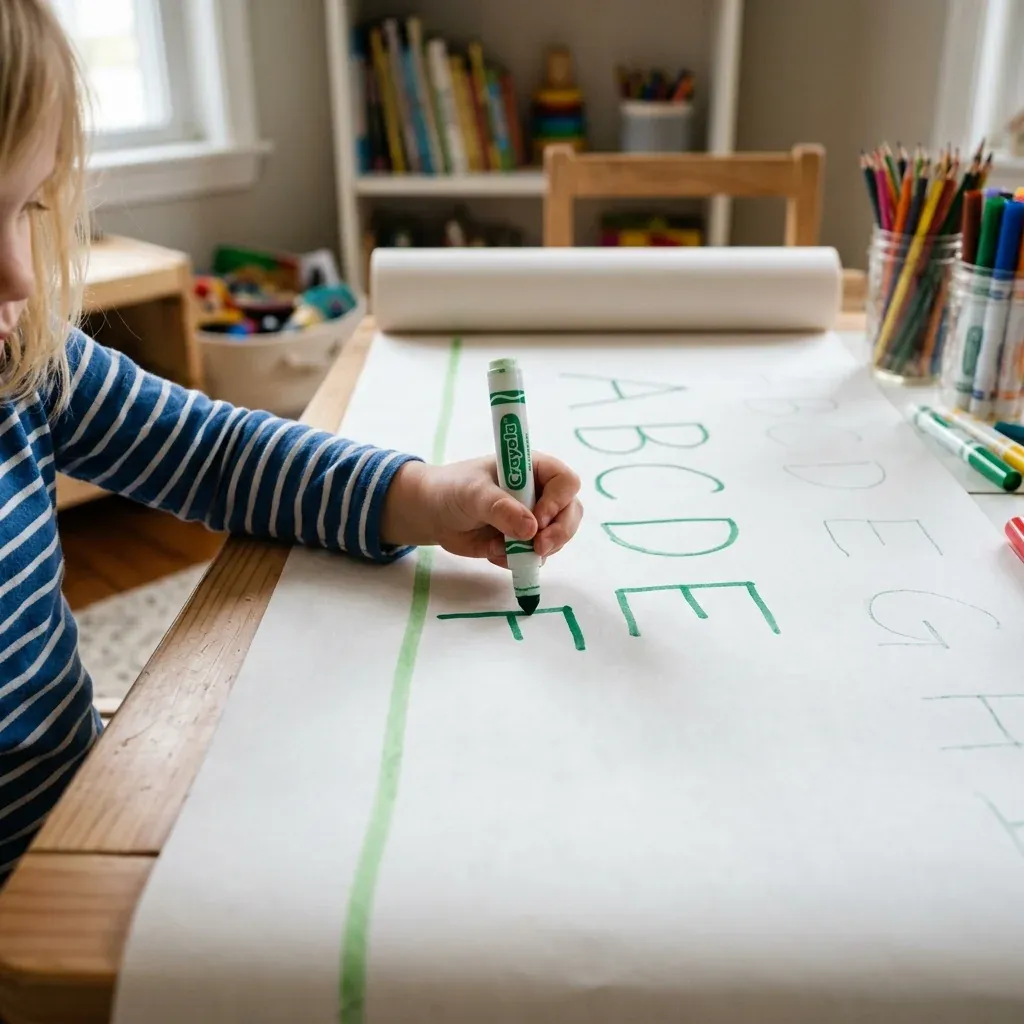 Mano de un niño sosteniendo un marcador verde y escribiendo letras en un rollo grande de papel blanco, con una suave línea verde vertical dibujada a la izquierda como guía visual