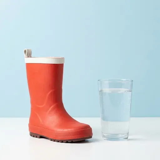 Fotografía de estudio limpia y brillante con fondo azul pastel suave que muestra una bota de lluvia infantil de goma roja al lado de un vaso de vidrio transparente con agua fresca.