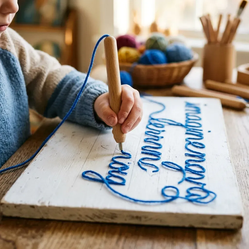 Mano de un niño sosteniendo un punzón de madera y repasando un patrón continuo con lana azul sobre una tabla blanca