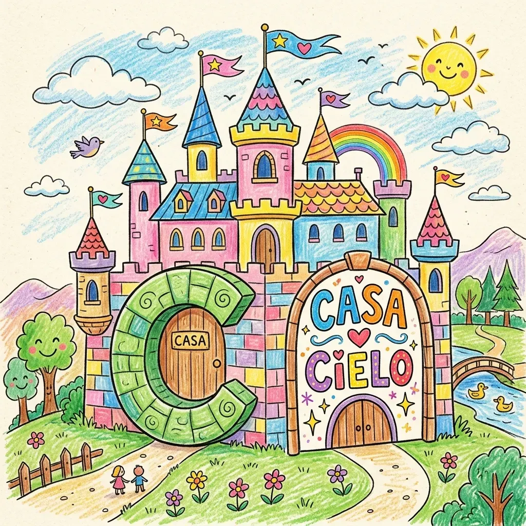 Dibujo infantil de un castillo de cuento de hadas con dos puertas grandes, una con forma de letra C verde gigante y otra mostrando palabras como Casa y Cielo