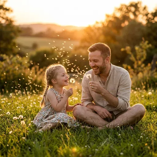 Un padre alegre y su hijo sentados en el pasto al aire libre, soplando semillas de diente de león juntos bajo la cálida luz del atardecer