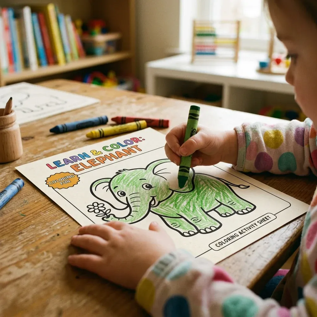 Mano de un niño coloreando con una cera verde un dibujo impreso de un elefante feliz