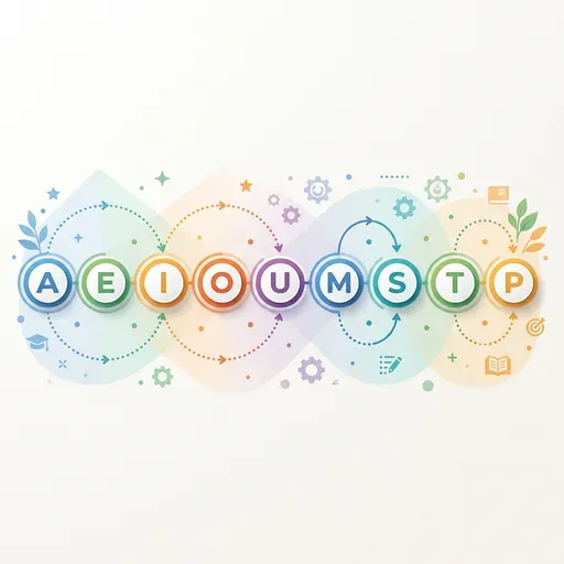 Una infografía educativa y limpia que muestra el orden de aprendizaje de las letras en español, comenzando por las vocales destacadas en círculos de colores suaves y conectando con flechas hacia consonantes simples.
