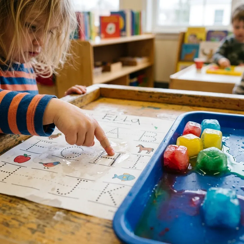 Un plano detallado del dedo de un niño repasando la letra H sobre una ficha de actividades interactiva
