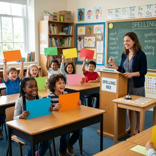 Un grupo de niños sonrientes en un aula de primaria, sosteniendo tarjetas de cartón con letras de colores vivos mientras un educador guía un juego de deletreo de manera lúdica.