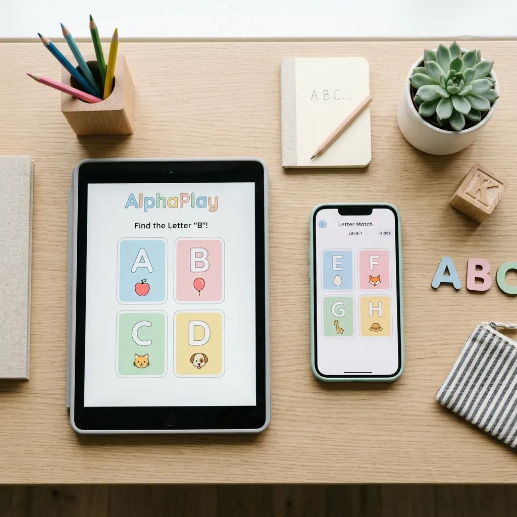 Una tablet moderna y un smartphone en un escritorio infantil mostrando juegos educativos limpios con tarjetas de letras en tonos pastel, sin publicidad ni anuncios.
