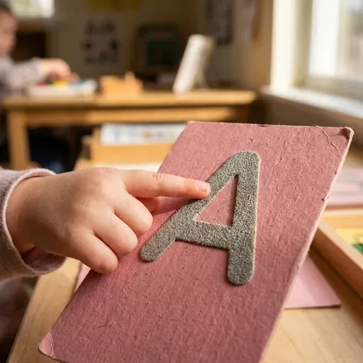 Un primer plano del dedo de un niño trazando suavemente una letra de lija con textura sobre una tarjeta en tonos pastel bajo la luz cálida del sol.
