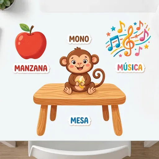 Una colorida ilustración de objetos que comienzan con la letra M: una manzana, una mesa, un mono y notas musicales sobre un escritorio blanco limpio en estilo de ilustración plana moderna
