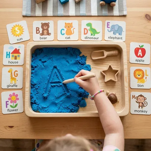 Un primer plano cenital de una bandeja sensorial de madera con arena cinética azul, donde la mano de un niño sostiene un puntero de madera para trazar letras, rodeada de tarjetas educativas con ilustraciones.