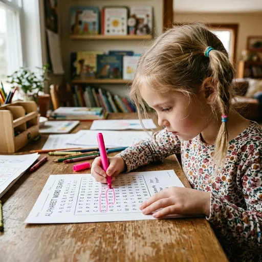 Una niña pequeña concentrada circulando una palabra en una sopa de letras impresa con un marcador rosa brillante