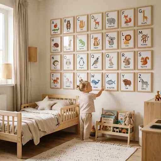 Un dormitorio infantil decorado con tarjetas de animales del abecedario ordenadas en la pared a la altura de los ojos de un niño