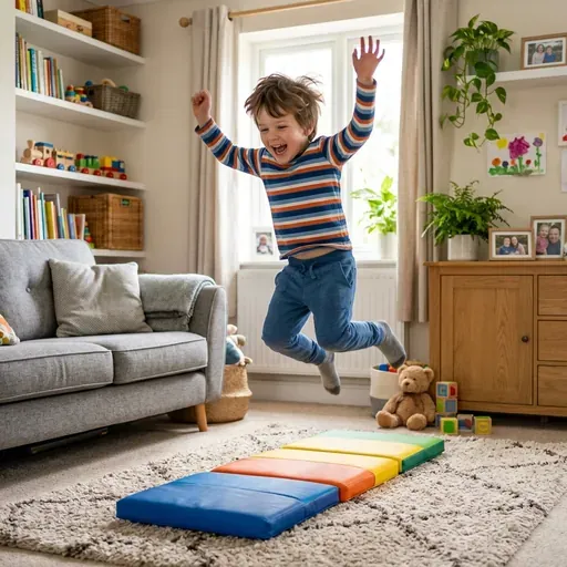 Un niño sonriente saltando sobre cojines de colores en el suelo de su sala, representando el ritmo de la división de palabras en sílabas
